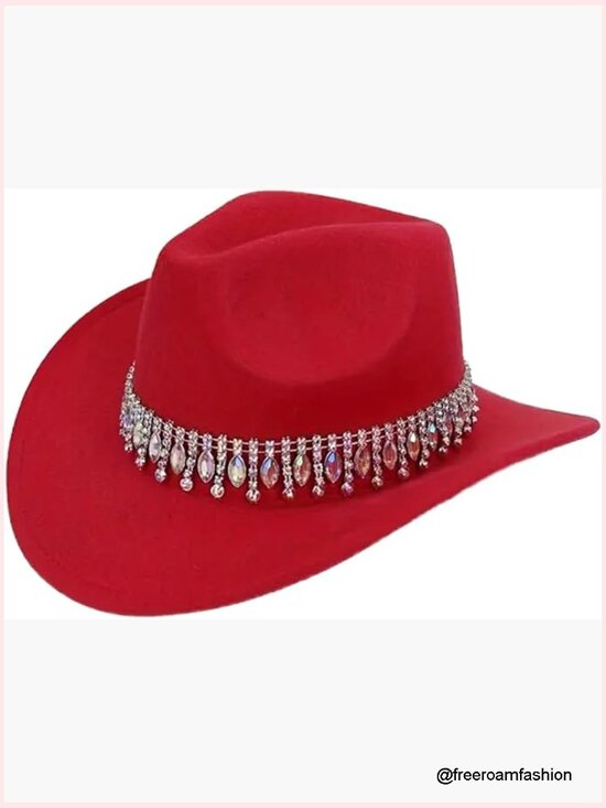 Rhinestone Cowboy Hat with Gem Tassels for Women Costume Party